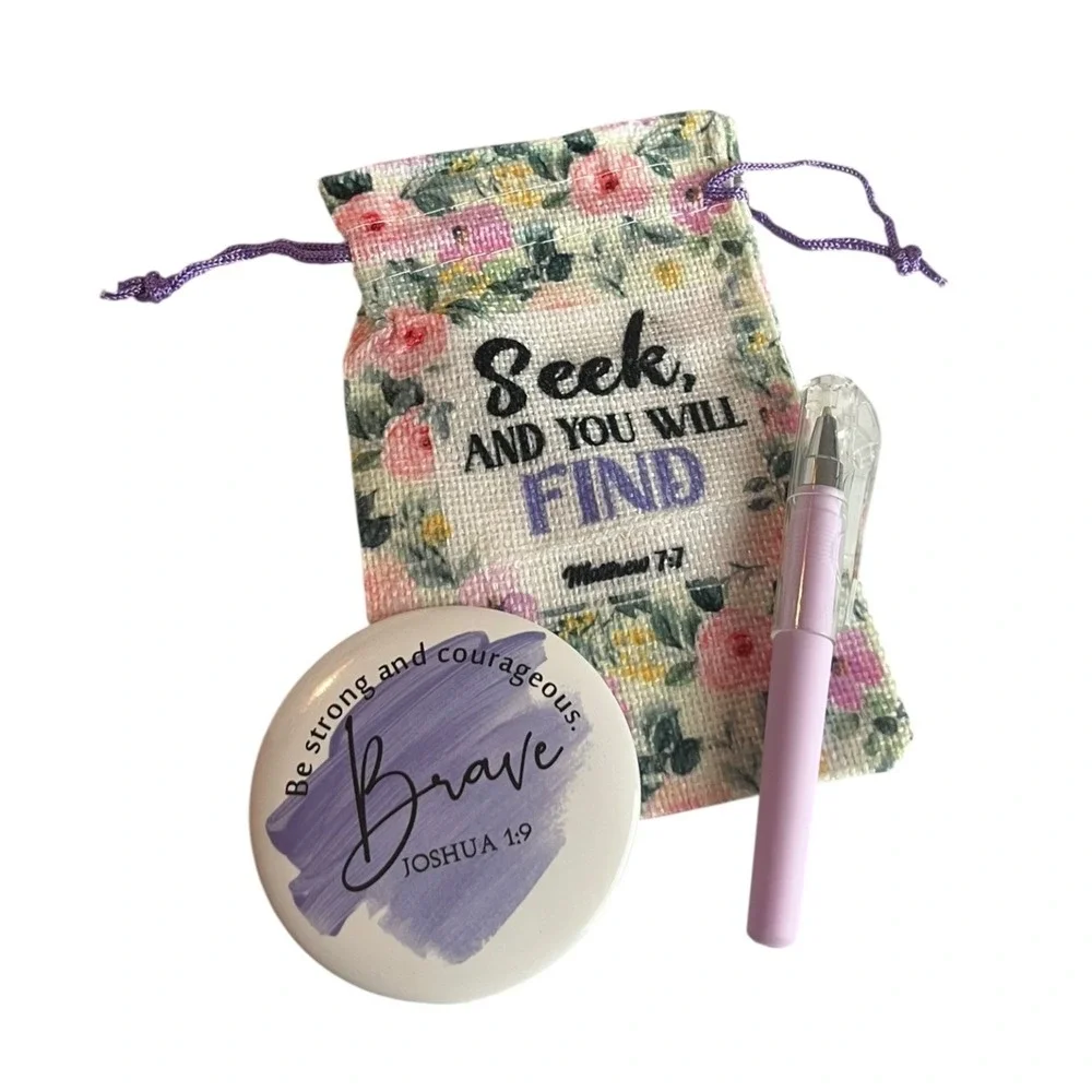 Inspirational Faith Gift Set Floral Drawstring Bag Compact Mirror Pen